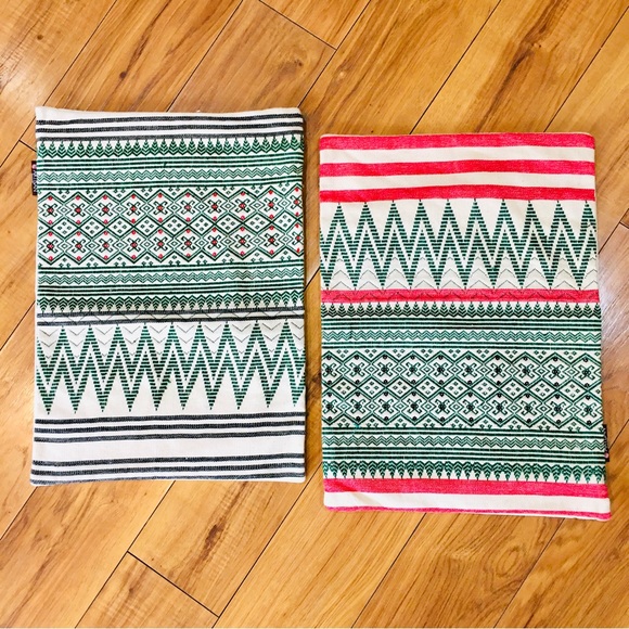 Artisan Myanmar pillow case covers new tags Christmas Aztec red green tan - Picture 2 of 4